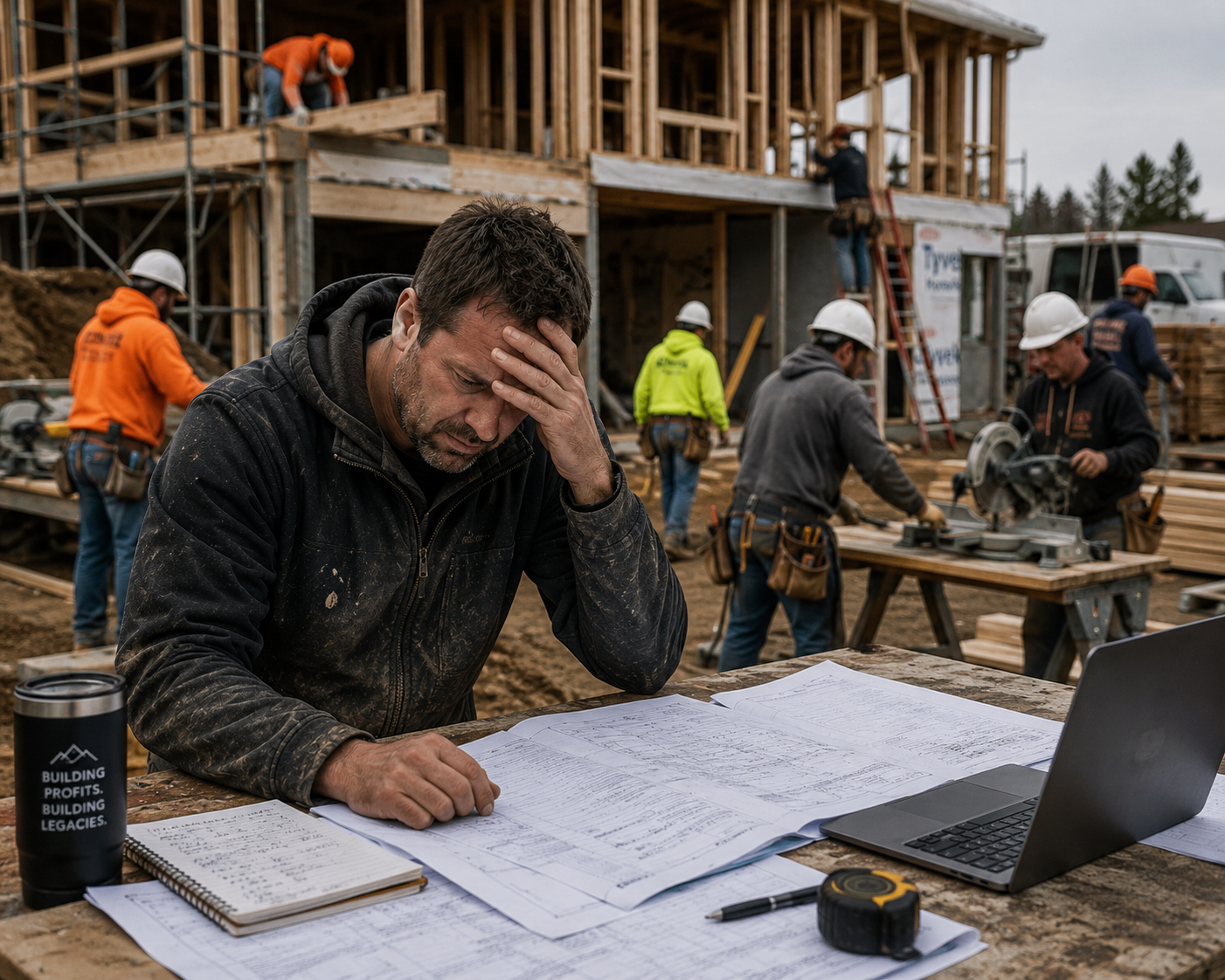Diverse construction professionals reviewing project plans at a job site