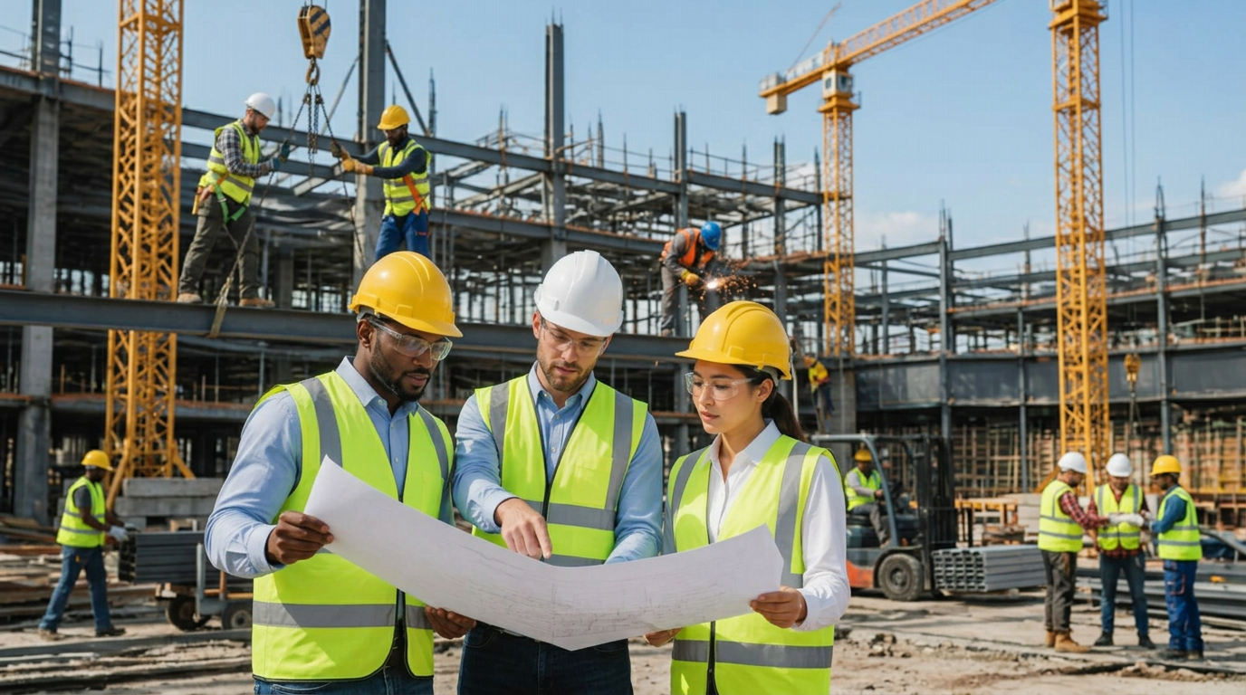 Diverse construction professionals reviewing project plans at a job site