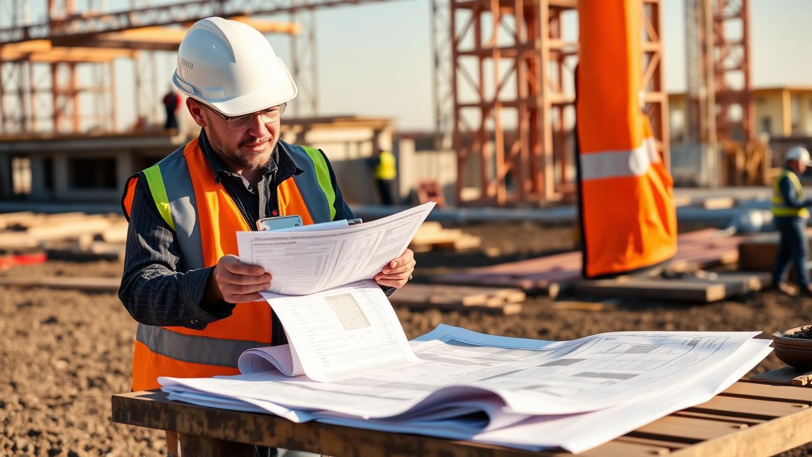 Contractor in PPE reviewing a project profit and loss report at an active construction site