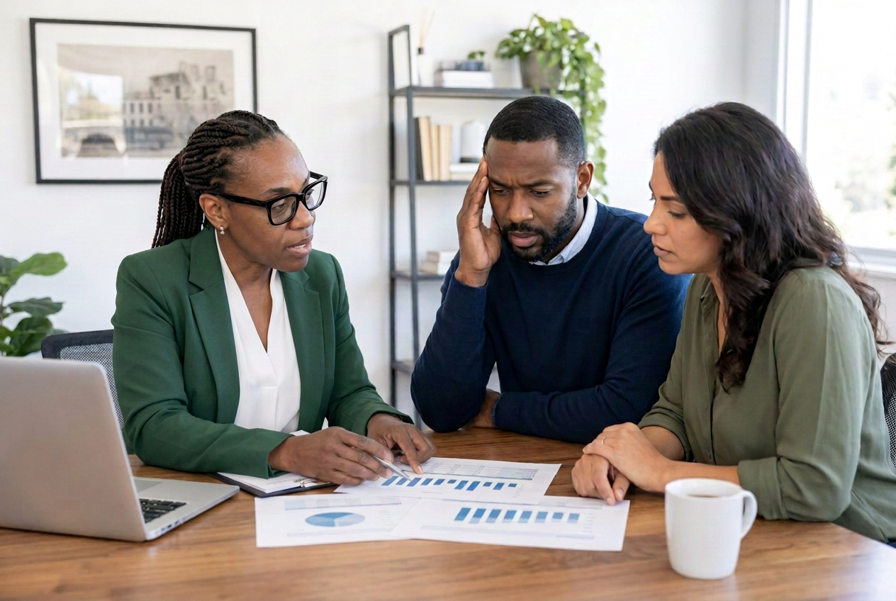 Anne-Lyse meeting with two business owners, one looking concerned, reviewing financial reports