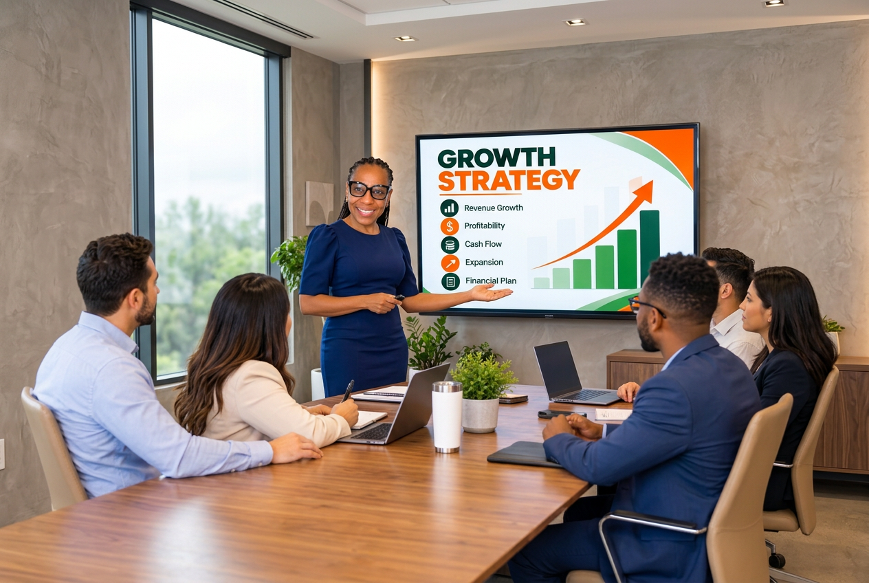 Anne-Lyse presenting a growth chart to clients and her team around a conference table