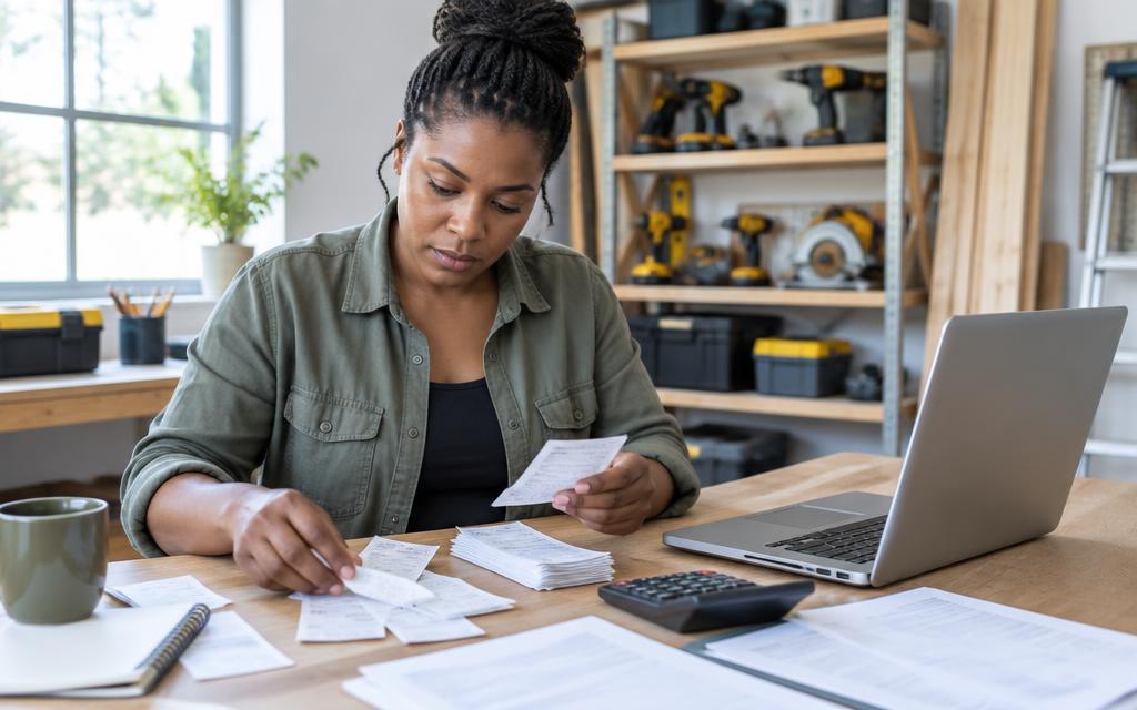 Solo contractor organizing receipts and finances at her workshop desk