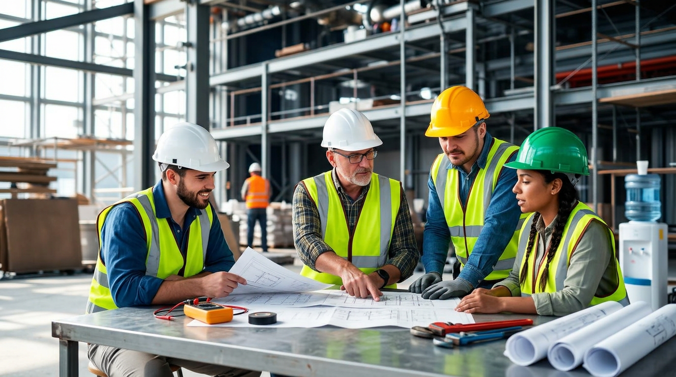 Construction tradespeople in safety gear seated around a table reviewing a project