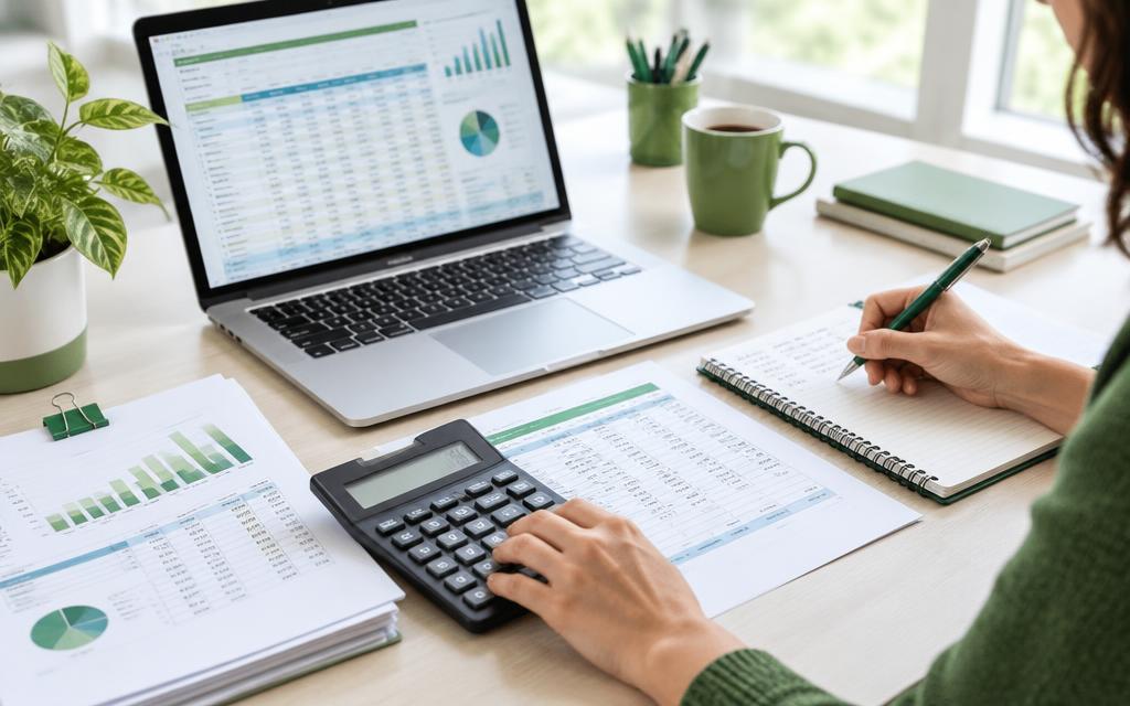 Organized bookkeeping workspace with financial records, laptop, and calculator