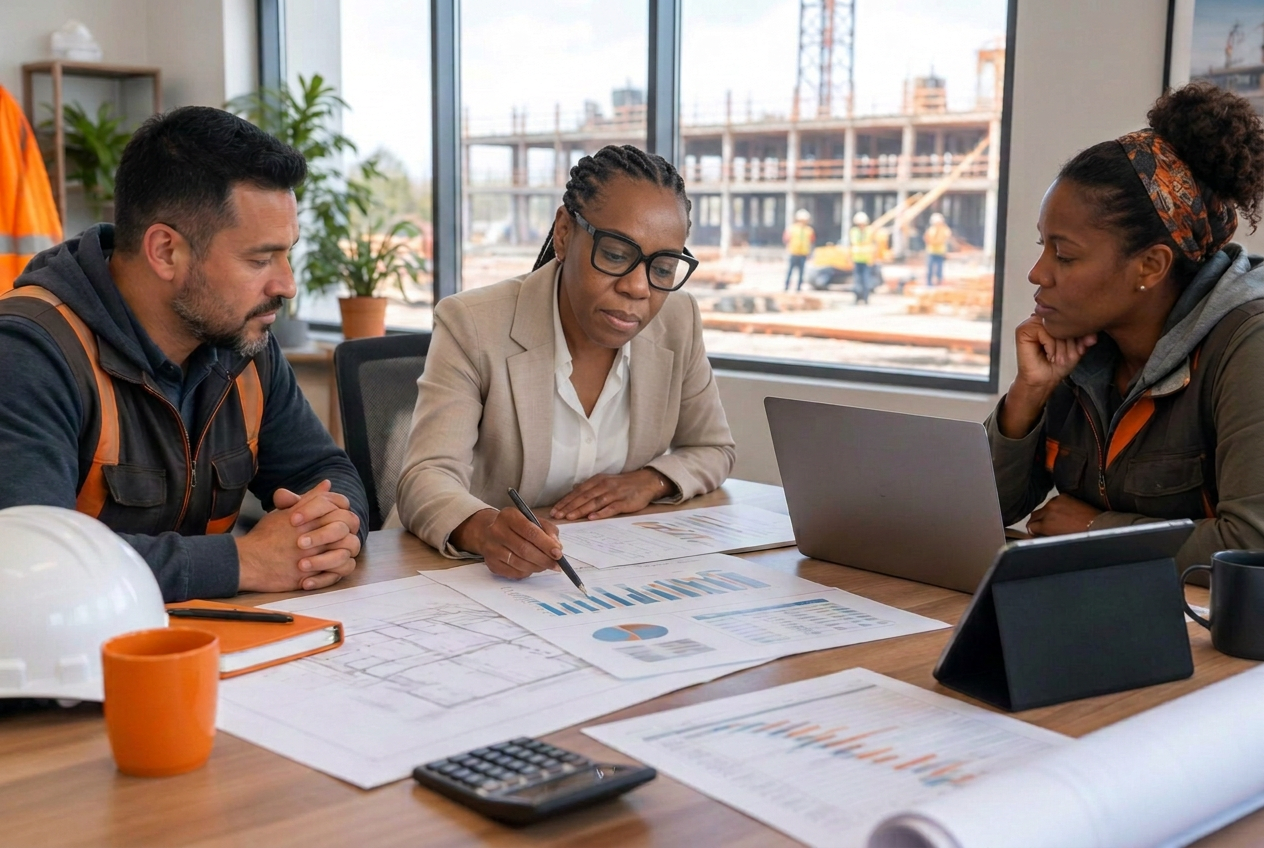 Anne-Lyse reviewing financial charts and project plans with construction business owners