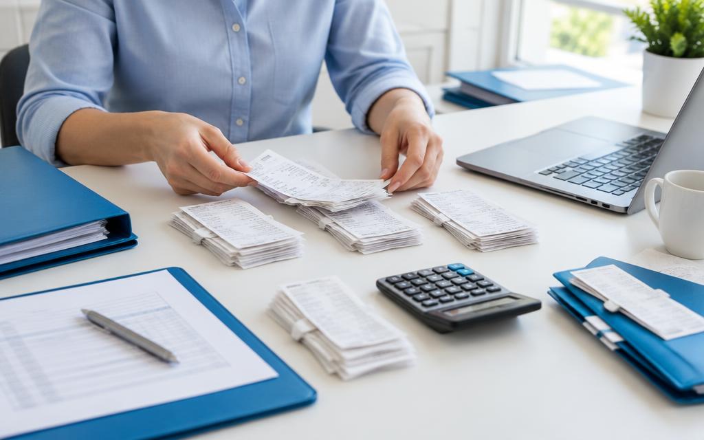 Receipts sorted into organized groups for tax preparation